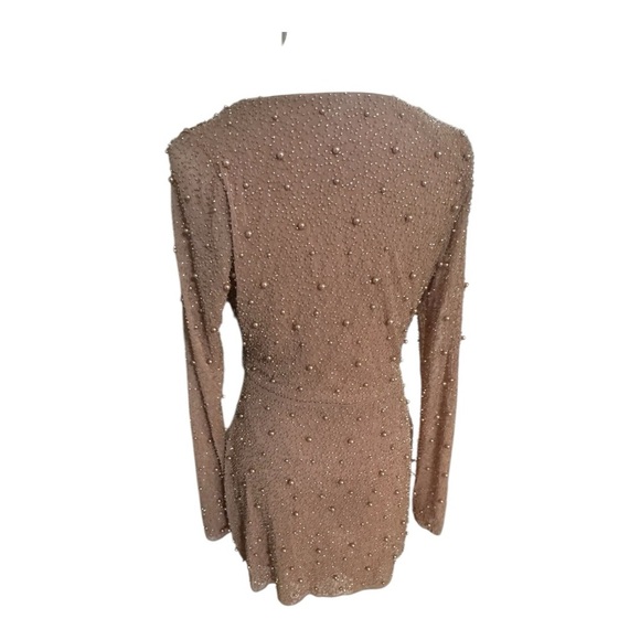 OH POLLY Chelsea Embellished Wrap Over A-Line Mini Dress Beige Pearl Sz 6 Party - Picture 10 of 12
